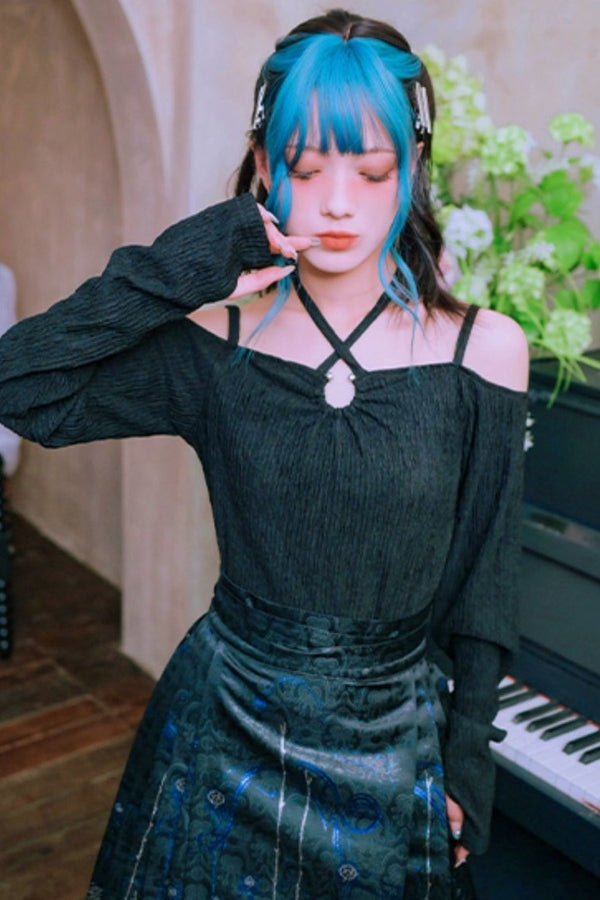 ワンショルダースリムブラックニットトップ