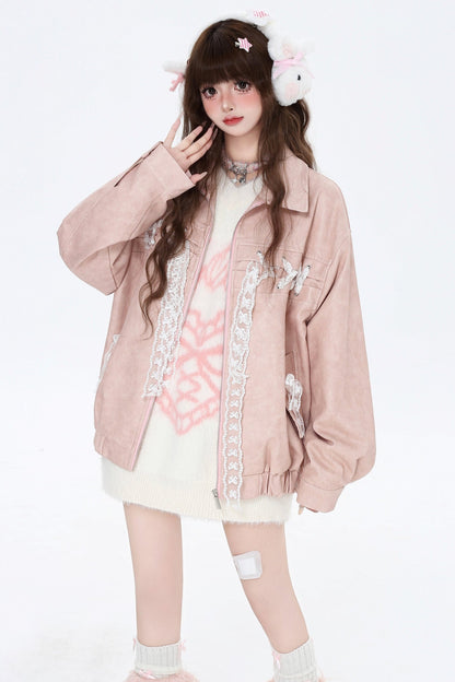 Loose Pink Bow Tie Leather Coat