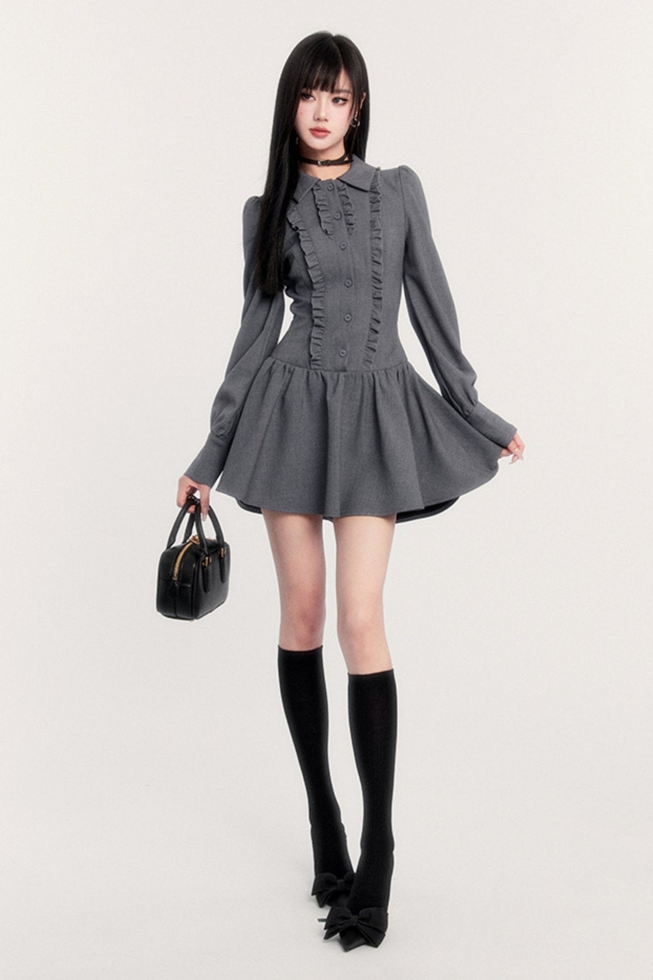 Slim Bow Long Sleeve Shirt Dress