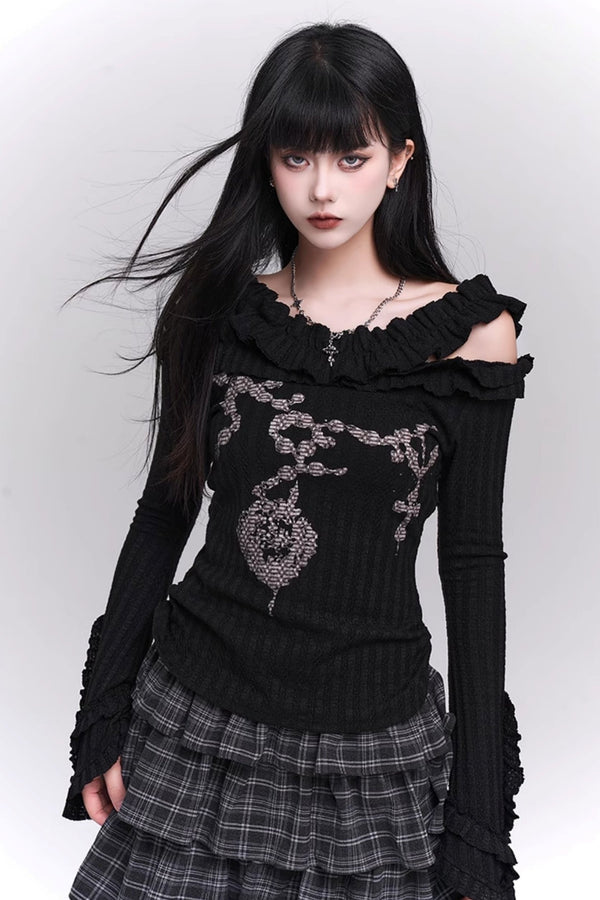 Black Off-Shoulder Knit Tops