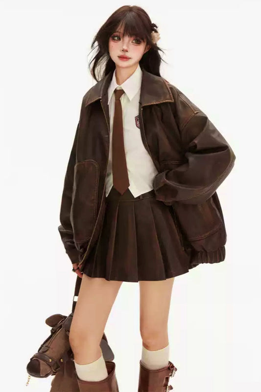 [Reservation product] Far -color leather jacket A line skirt setup