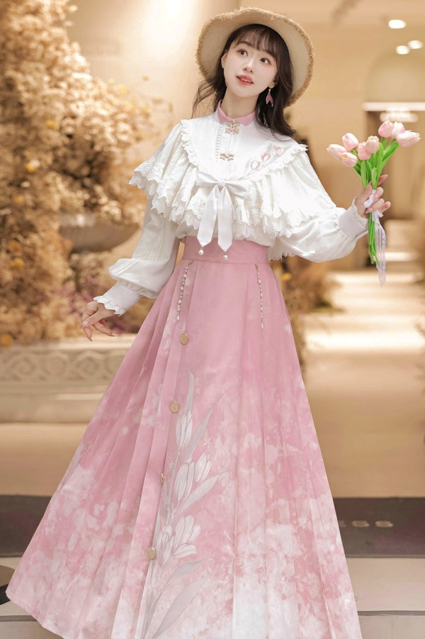 チューリップガーリースイートトップス+スカート+アウターショール