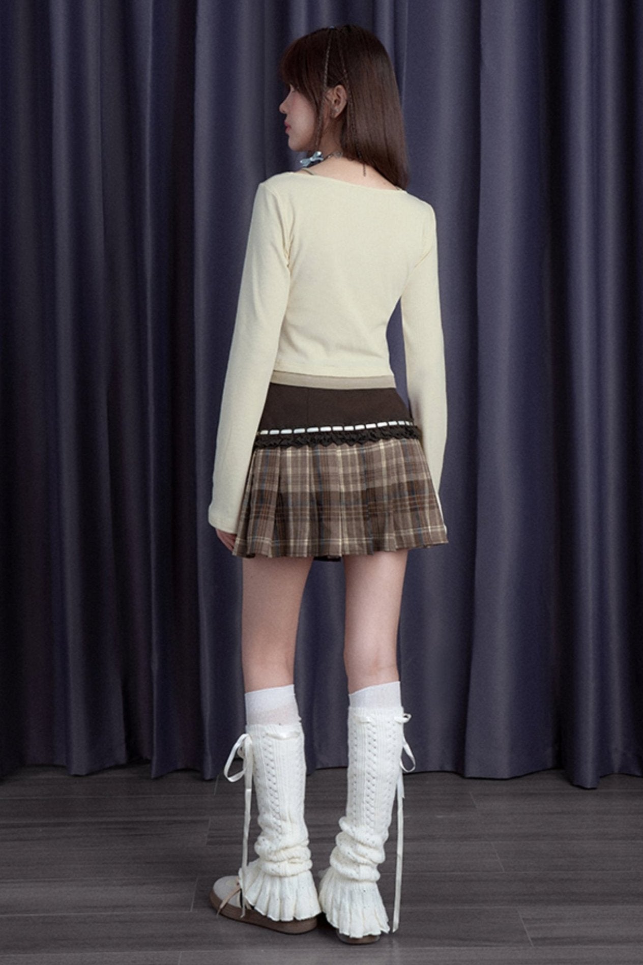 Brown Check Ribbon Pleated Skirt