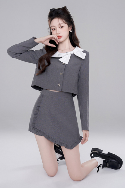 Gray Two Piece Short Coat Skirt Set