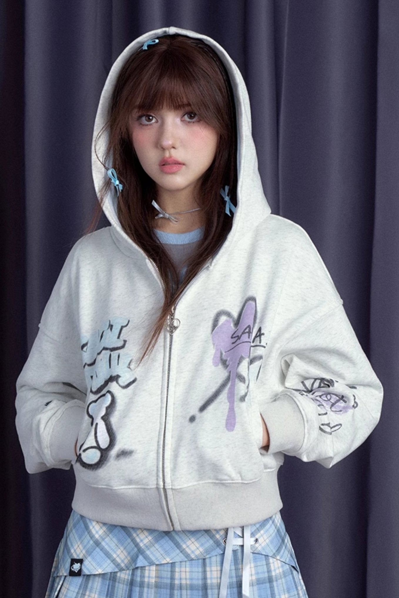 Gray Blue Purple Graffiti Print Sweatshirt