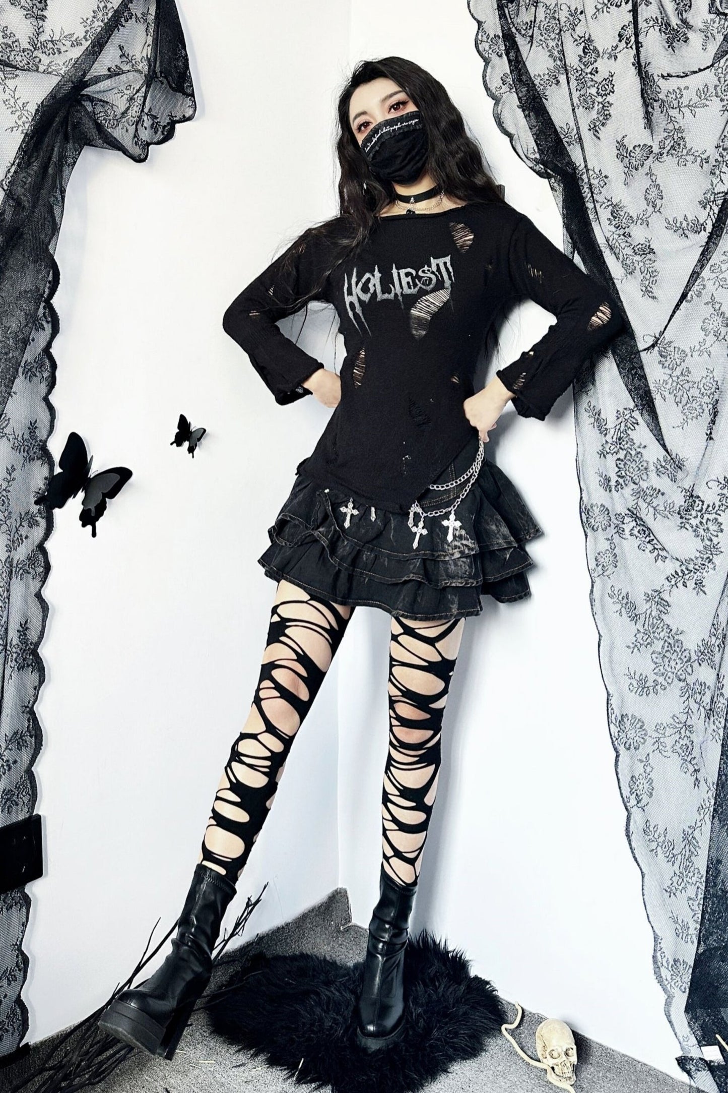 Black Ripped Letter Punk Top