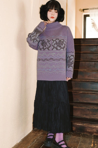 High Neck Jacquard Retro Sweater