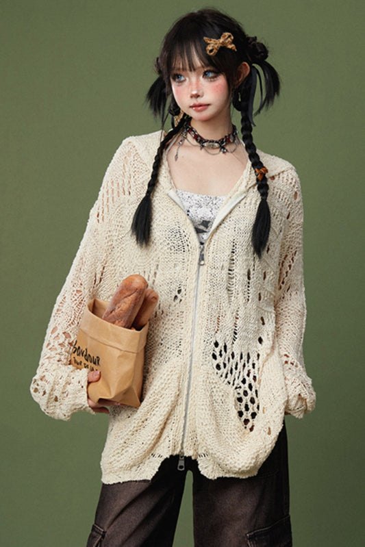 Hoodie Spider Web Knit Cardigan Jacket