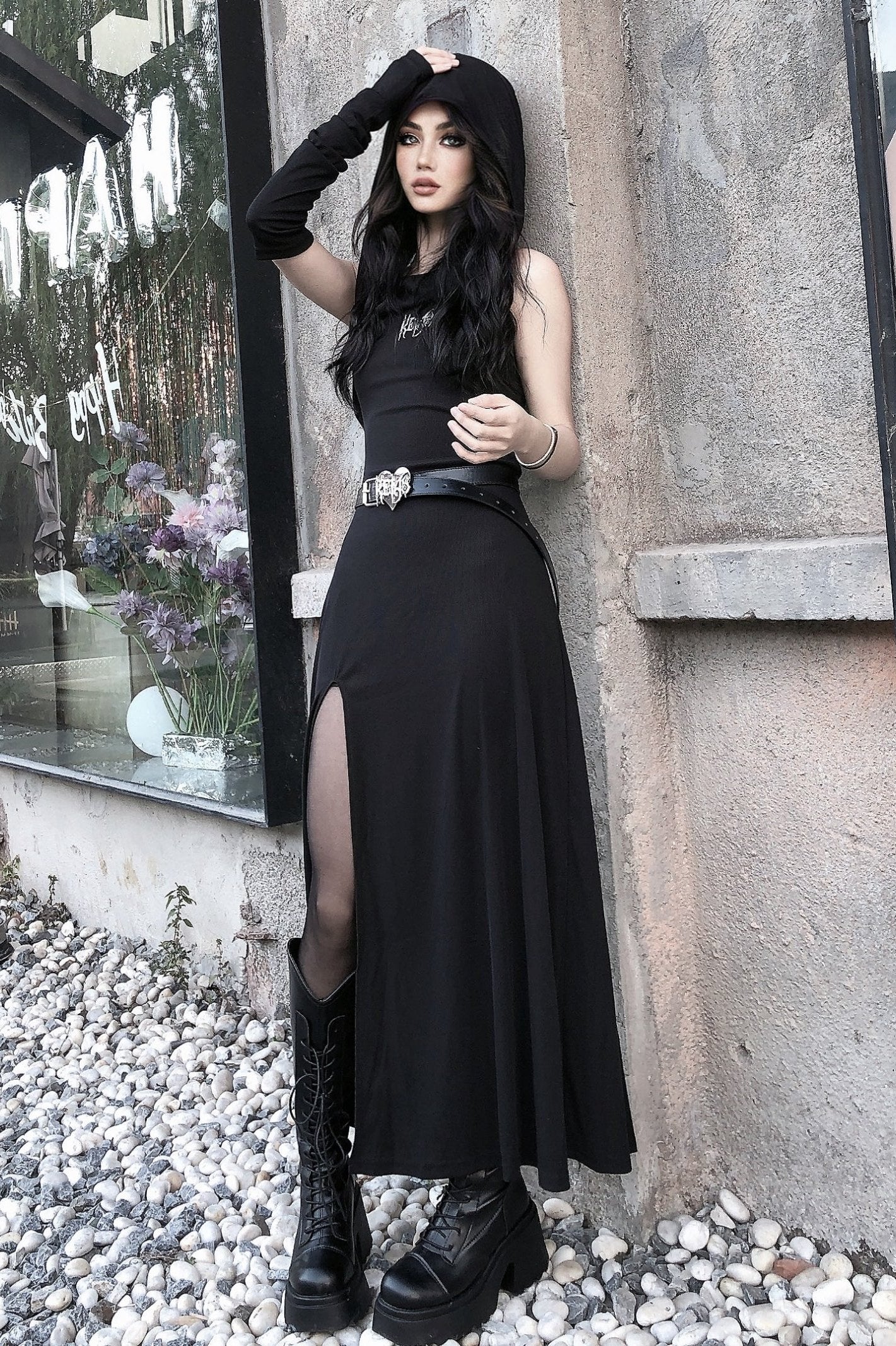 Dark Hooded Split Midi Dress