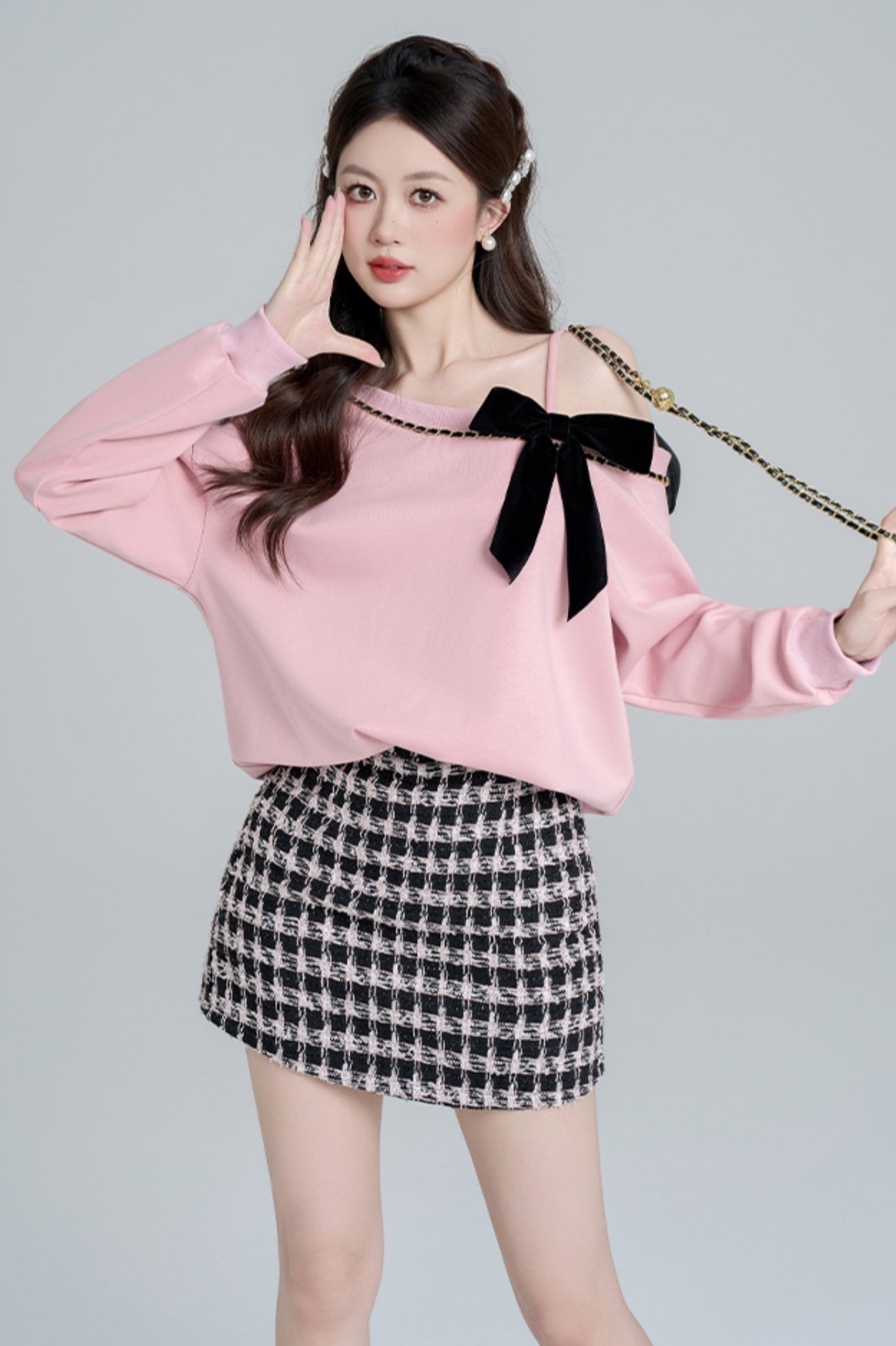 Pink slant shoulder loose sweatshirt set