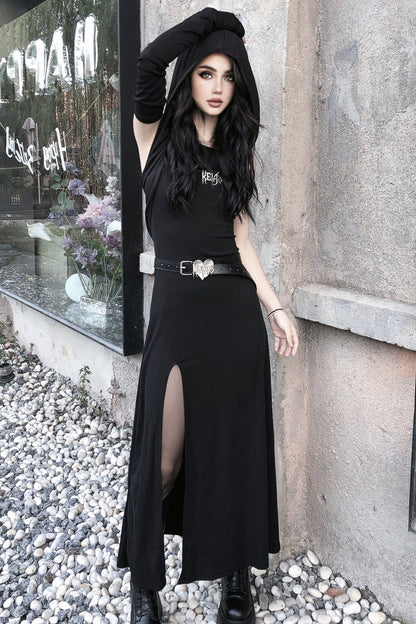 Dark Hooded Split Midi Dress