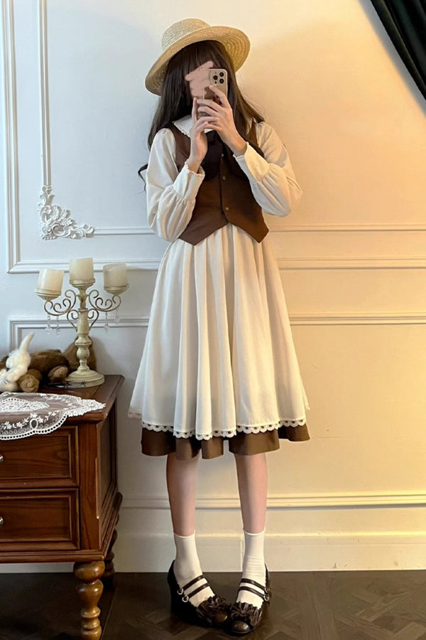Doll Collar Long Skirt Vest Set