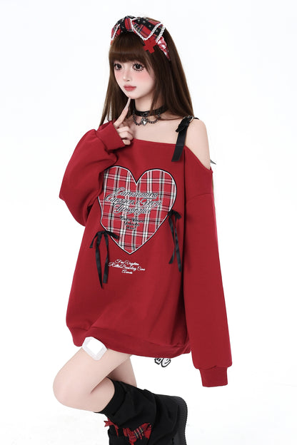 Loose Check Bow Off-Shoulder Sweatshirt