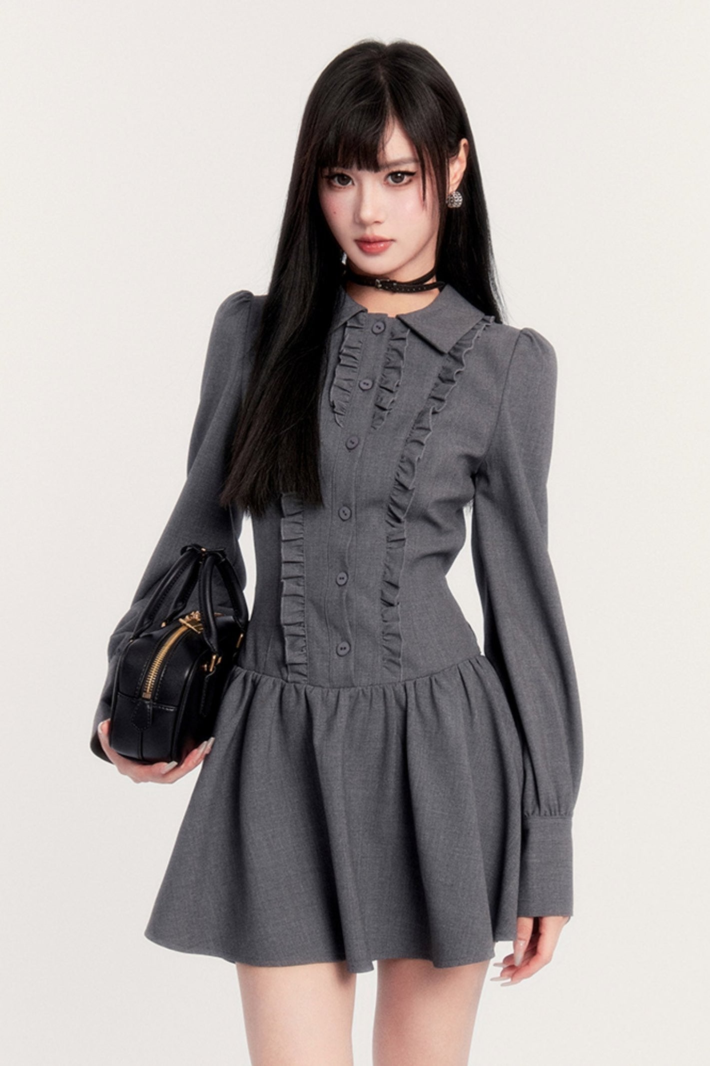 Slim Bow Long Sleeve Shirt Dress