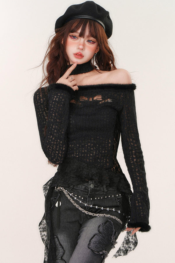 フレンチレーススリムニットトップ