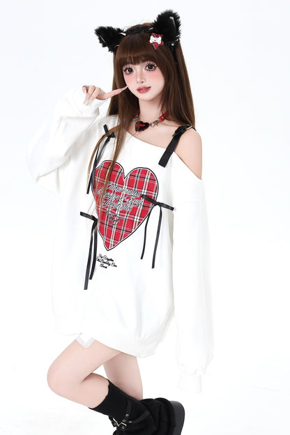 Loose Check Bow Off-Shoulder Sweatshirt