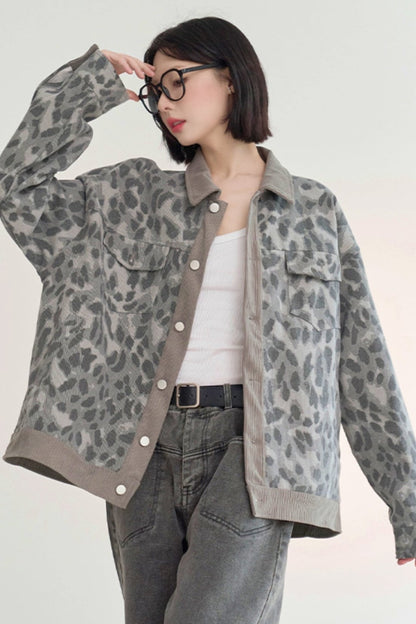 Roll neck leopard print denim jacket