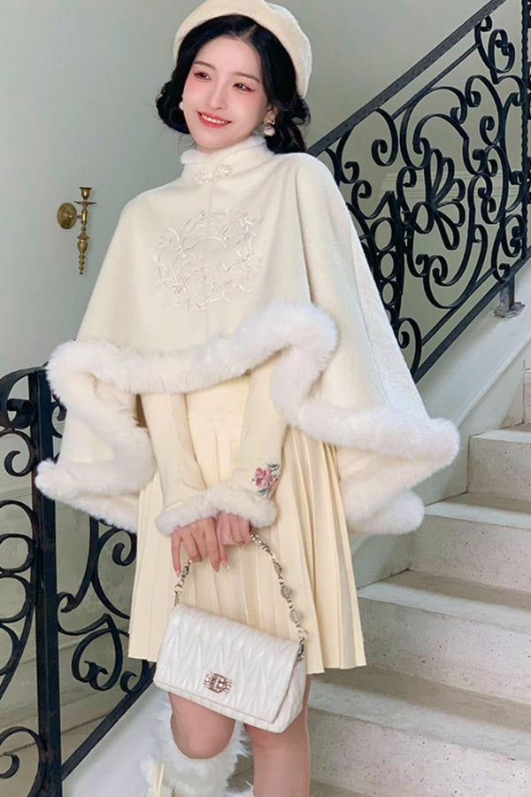 Fur Collar Embroidery Cape Dress Set Up