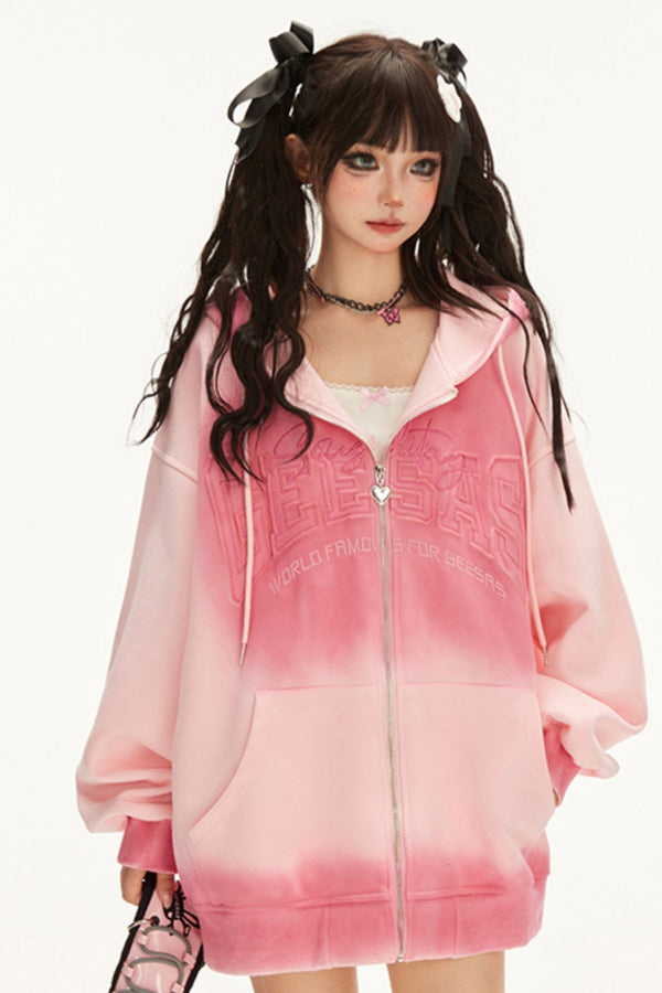 Girly Pink Gradient Loose Hoodie Jacket