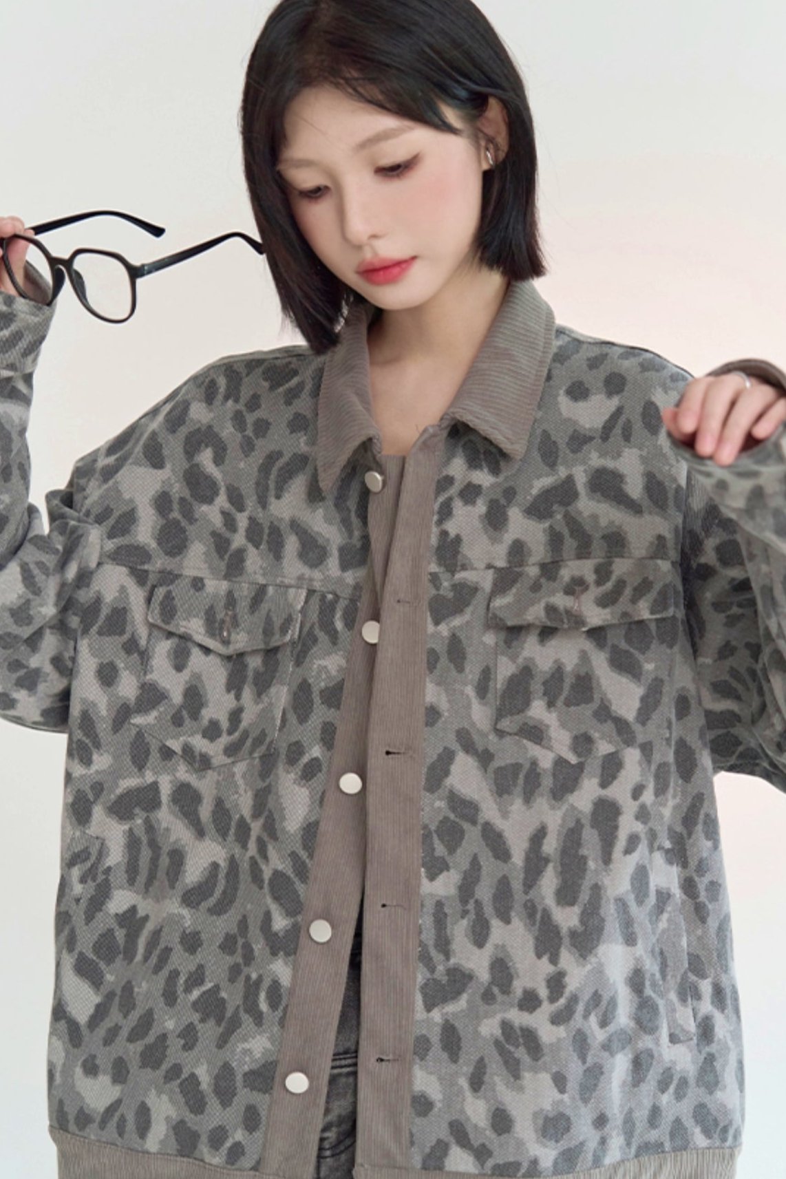 Roll neck leopard print denim jacket