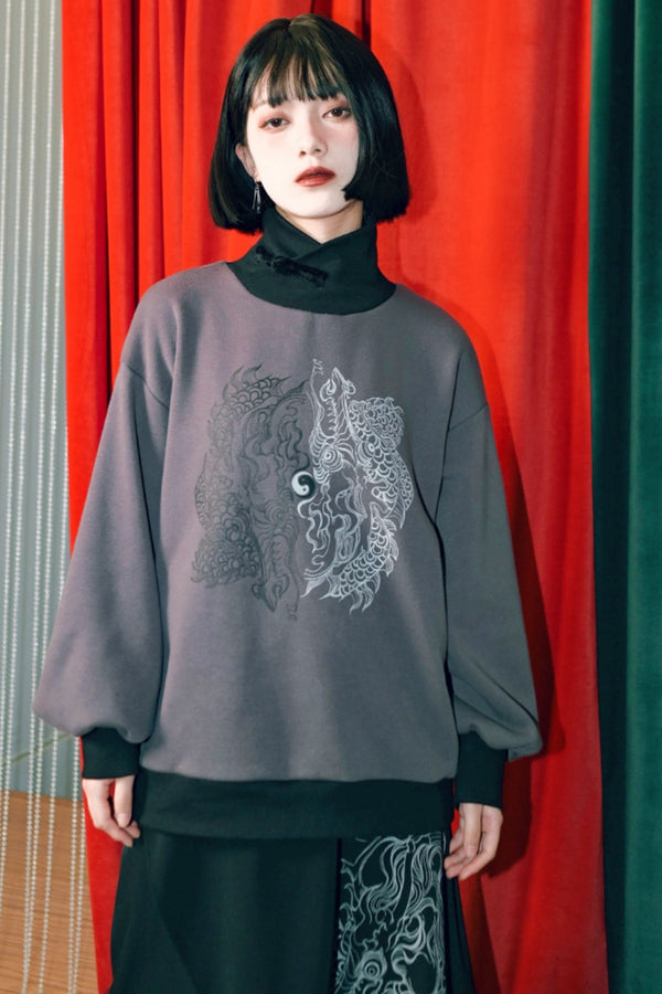 ルーズドラゴンプリントスタンドカラートップス