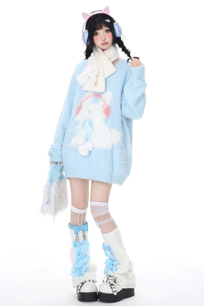 Faux Mink Bunny V Neck Fluffy Sweater