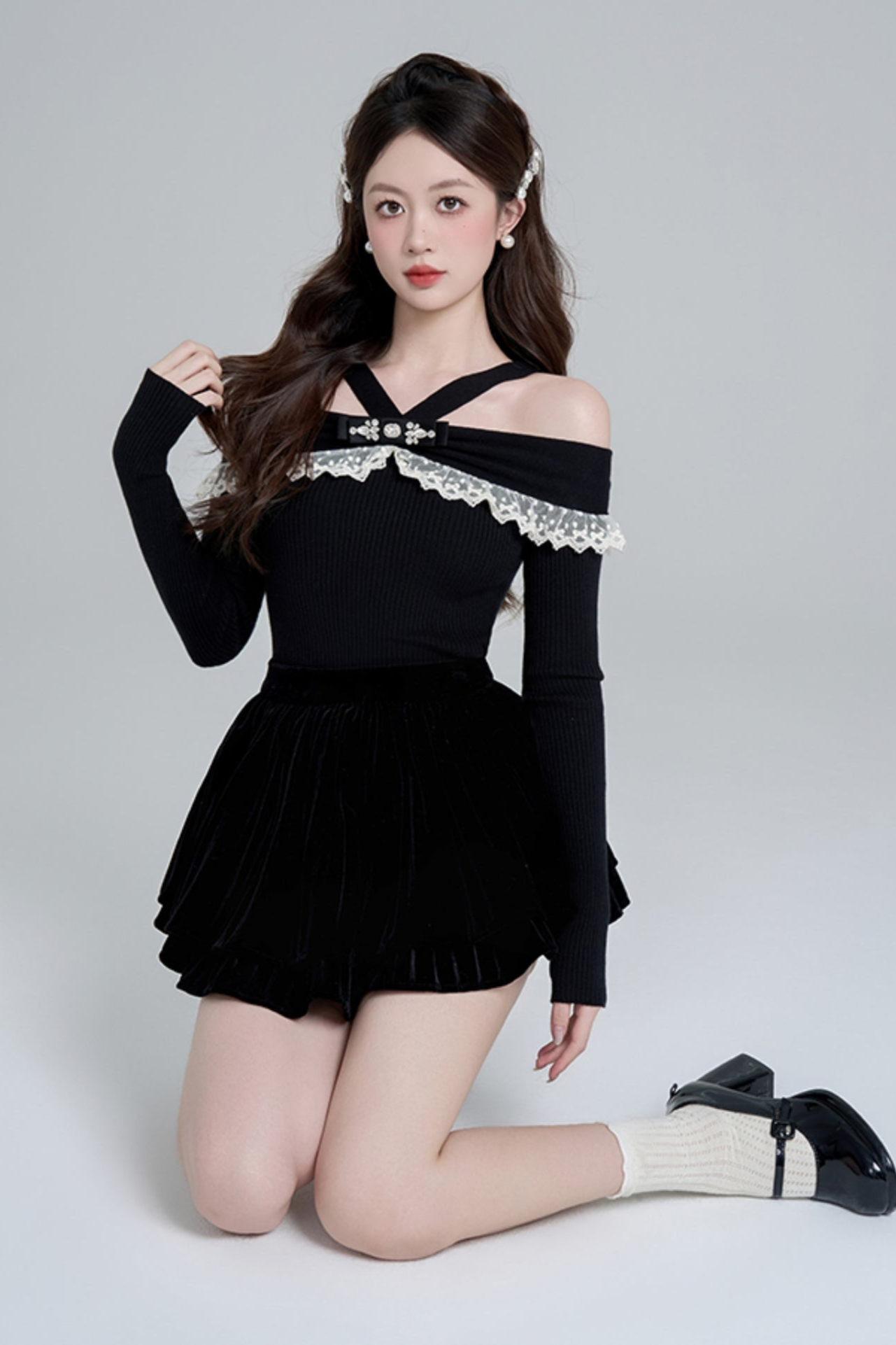 One shoulder black knit sweater