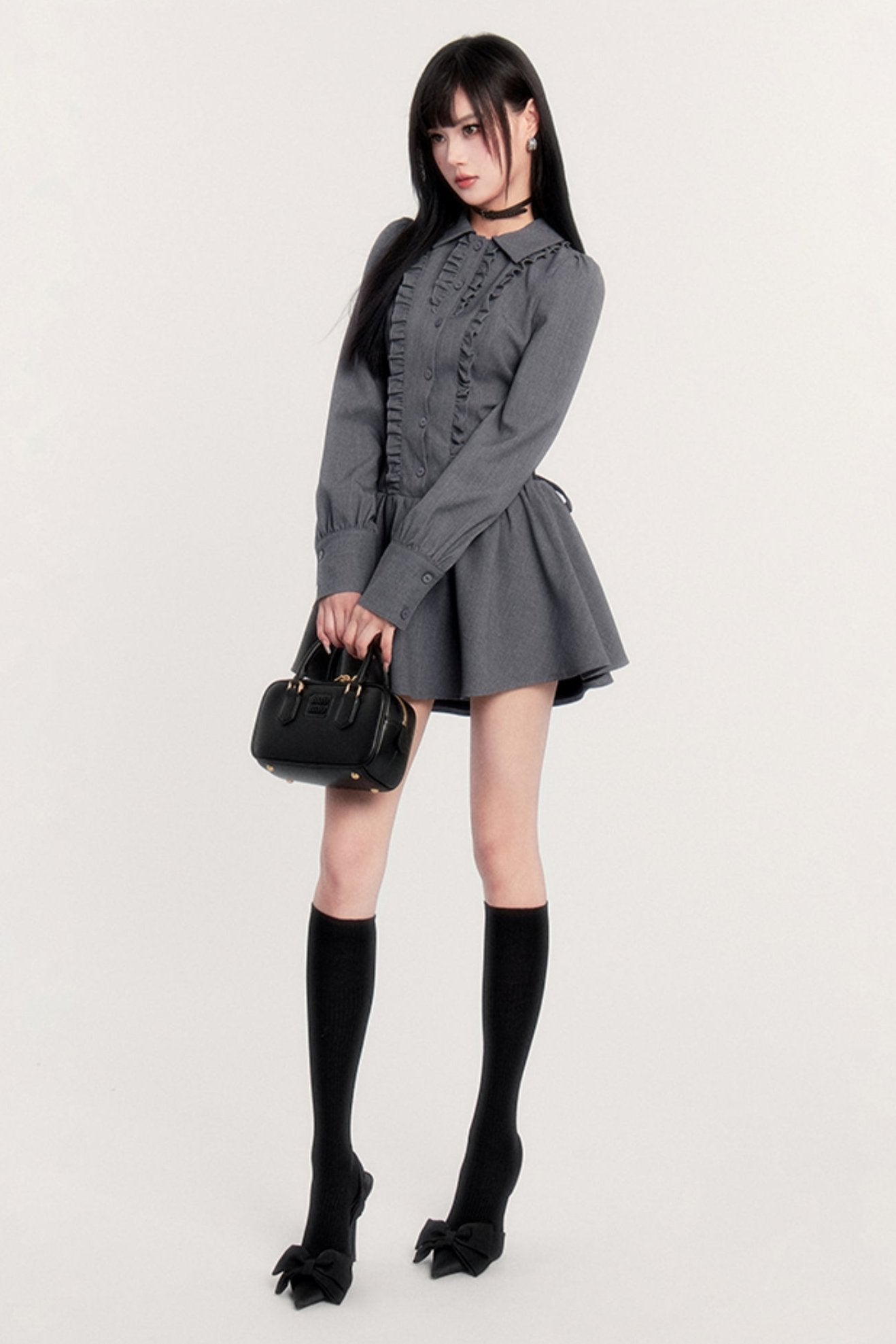 Slim Bow Long Sleeve Shirt Dress