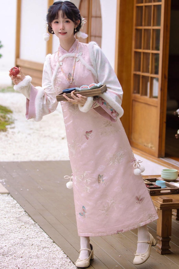 Pink Brocade Suede China Dress Set-Up
