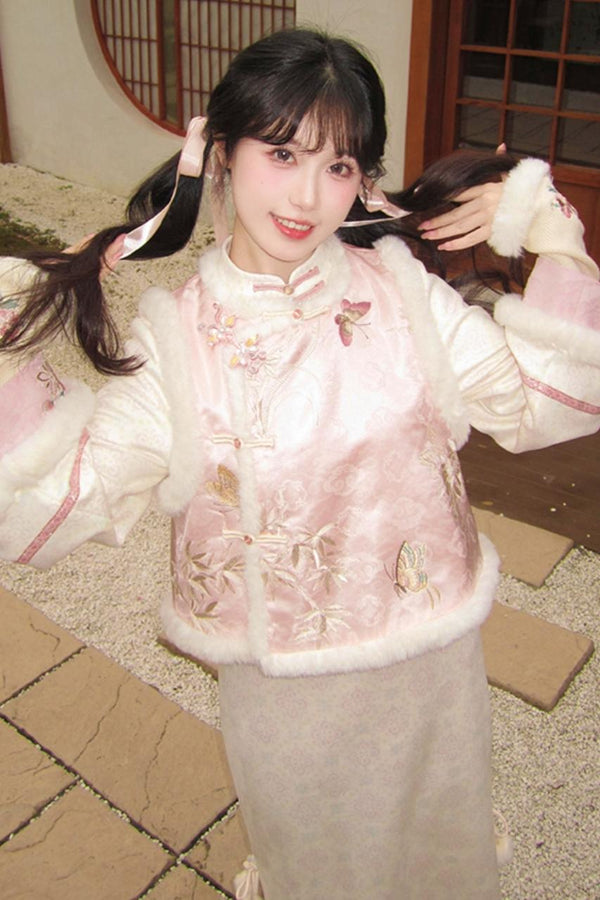 Pink Brocade Suede China Dress Set-Up