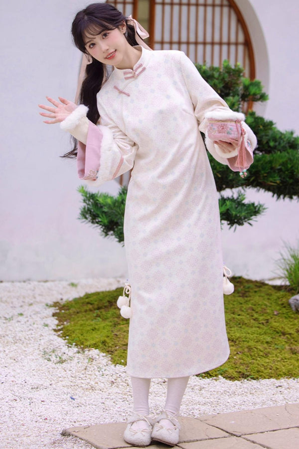 Pink Brocade Suede China Dress Set-Up