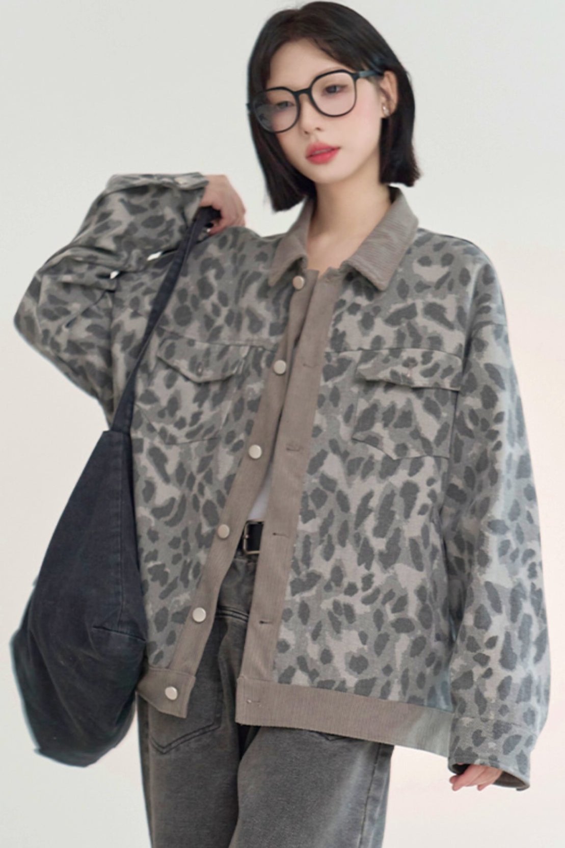 Roll neck leopard print denim jacket