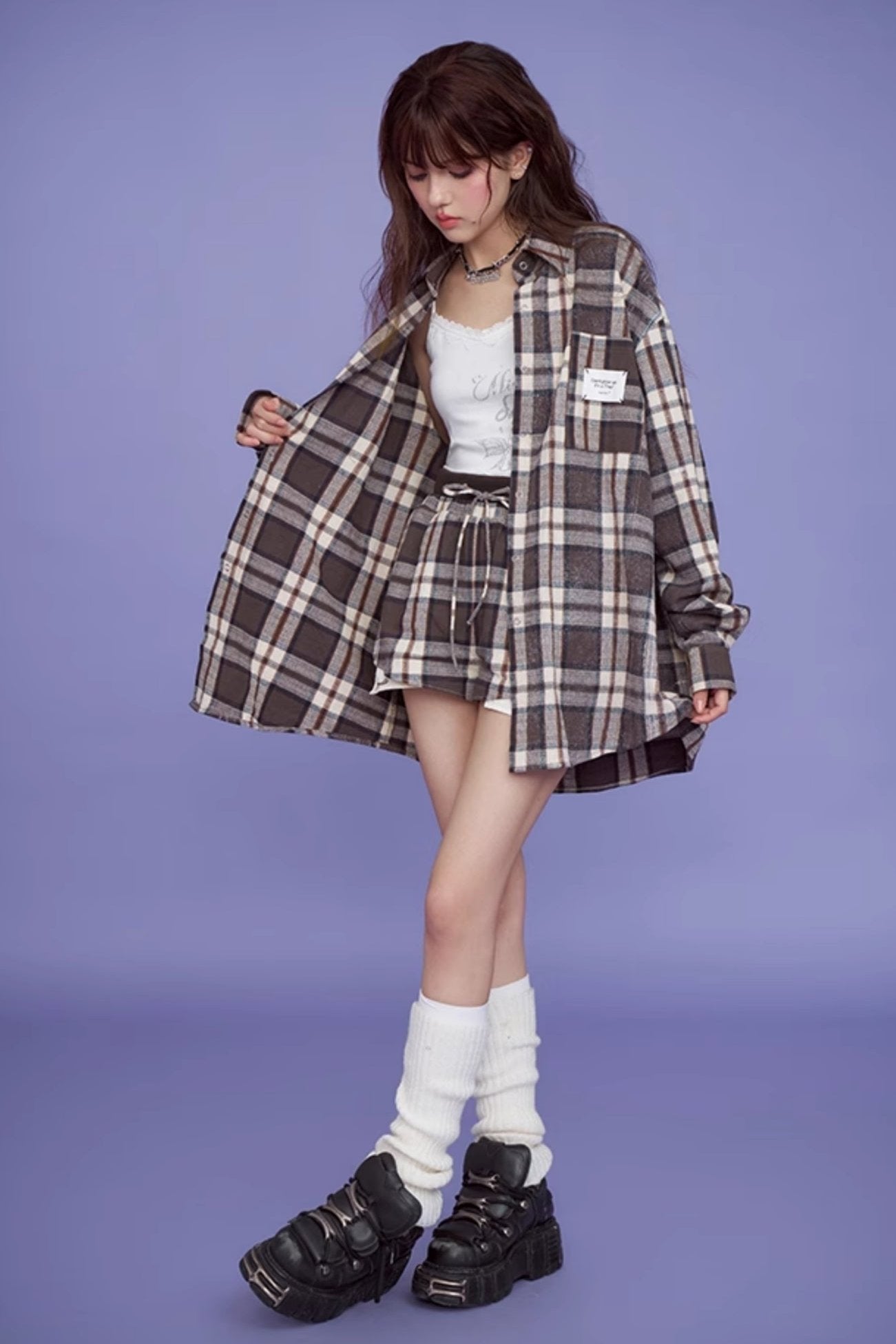 Brown Check Long Sleeve Casual Set