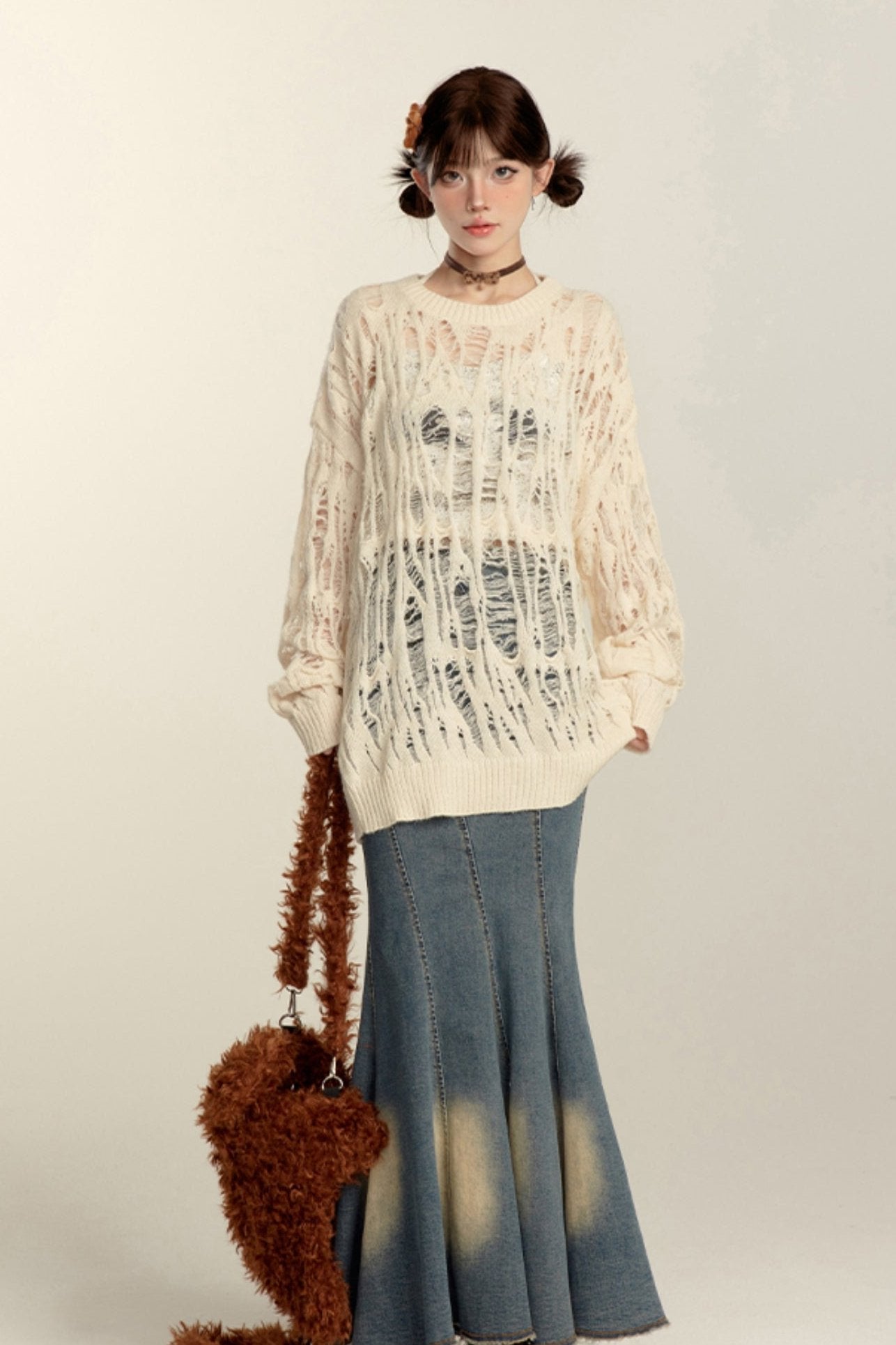 Three-Color Cut-Out Knit Sweater