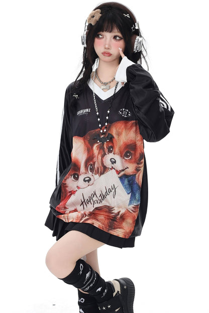 Vintage Satin Dog Print Long Sleeve Top