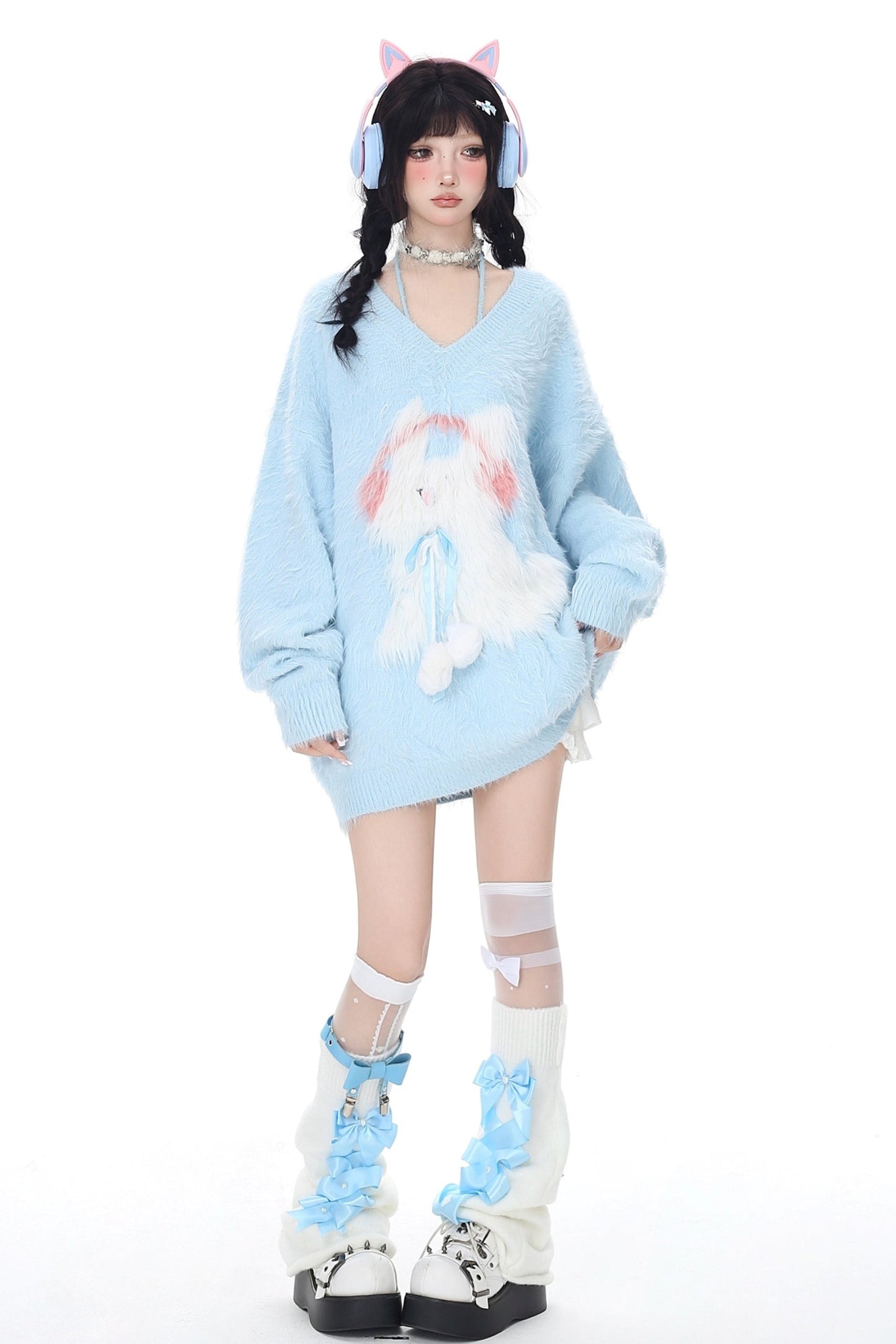 Faux Mink Bunny V Neck Fluffy Sweater