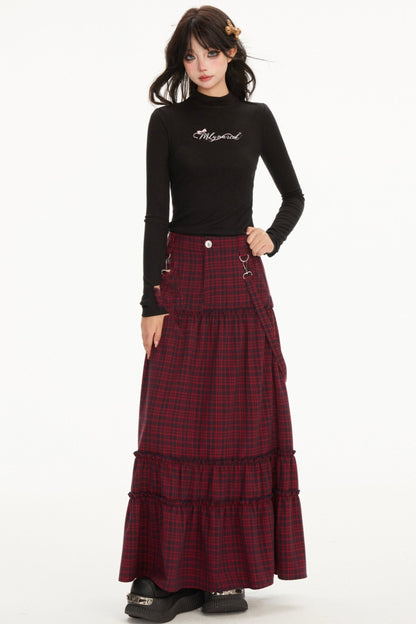 Vintage Check Waist Cinch Long Cake Skirt