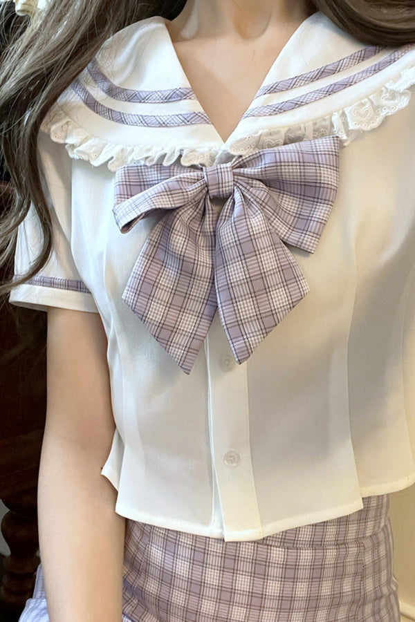 [Reservation product] Sweet Girly Sailor Top + Check Ribbon Tight Skirt + Ribbon
