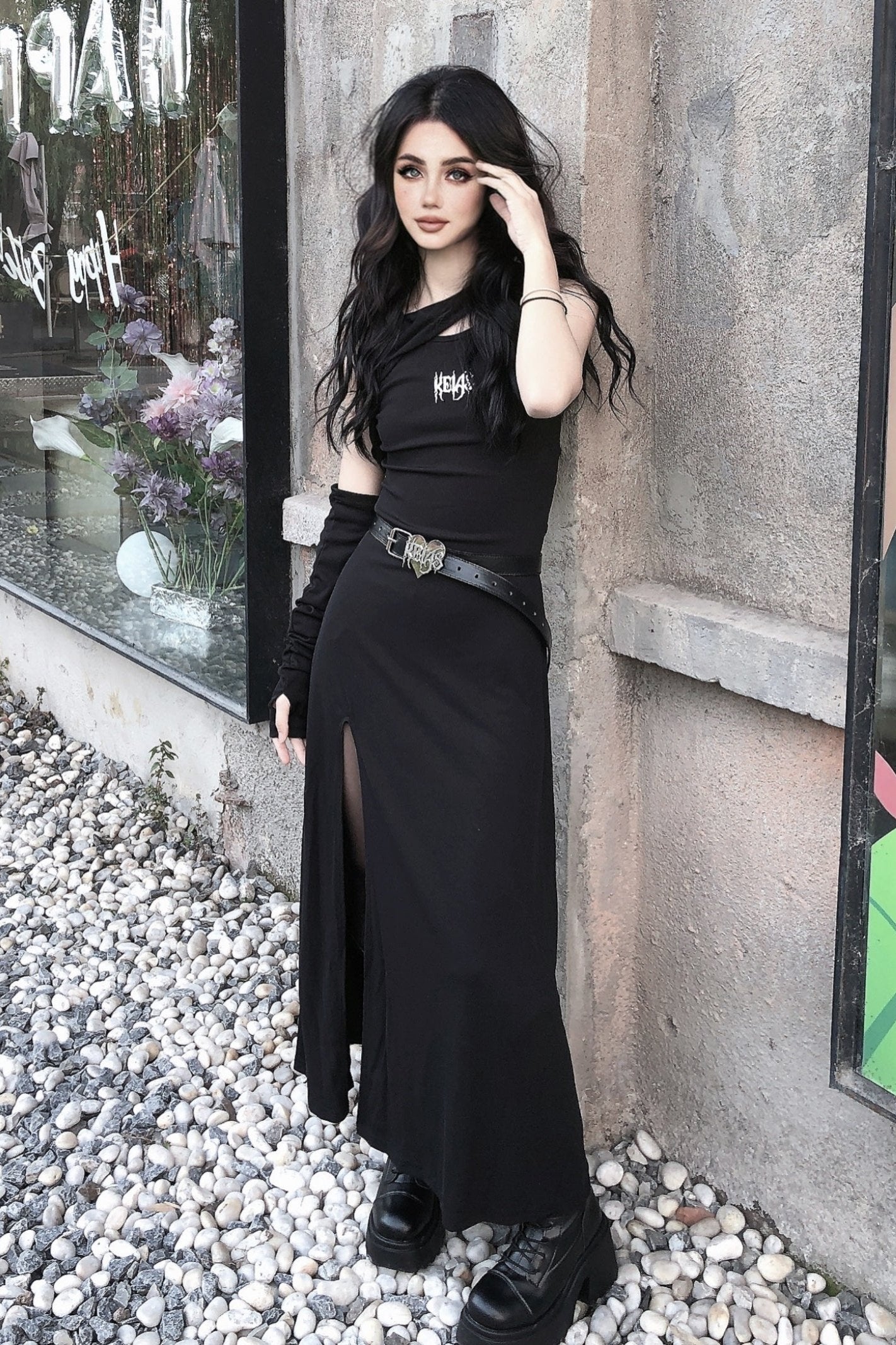 Dark Hooded Split Midi Dress