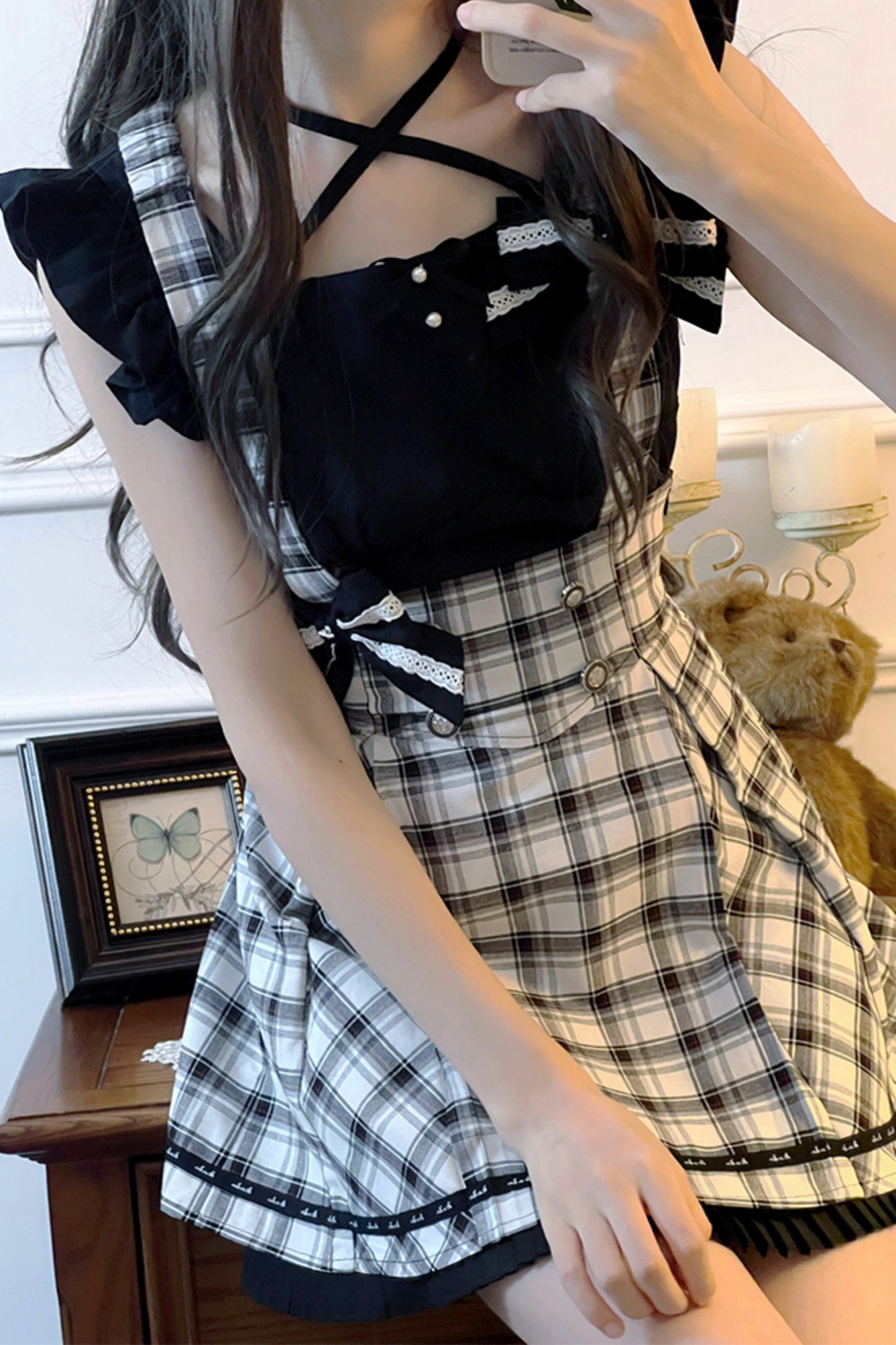 Plaid Vest Black Skirt Set-Up