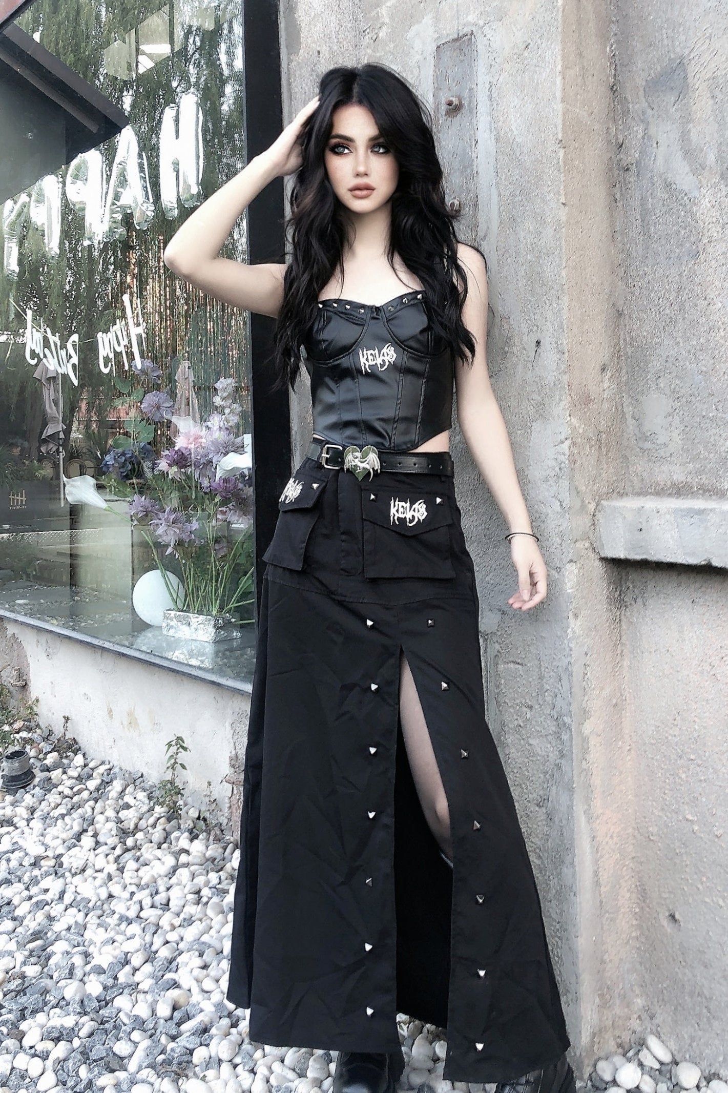 Punk style slit cargo skirt