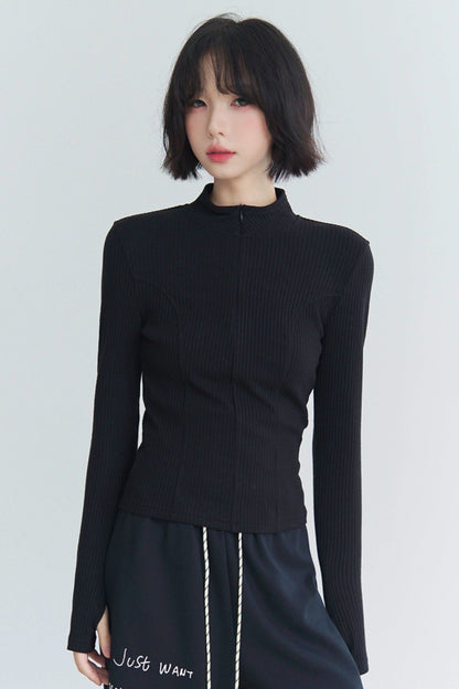 Zipper Half Color Slim Knit Top