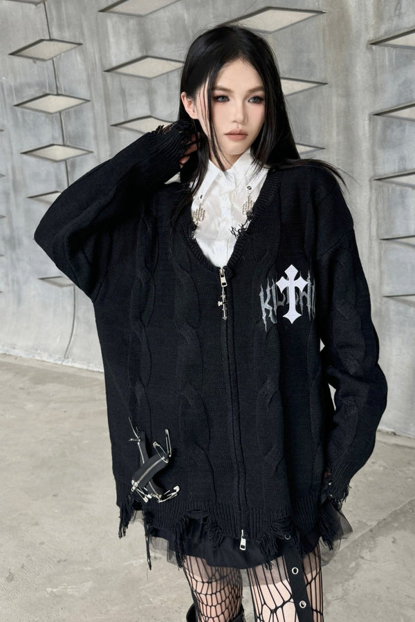 Tattered Stitch V-Neck Zip Jacket