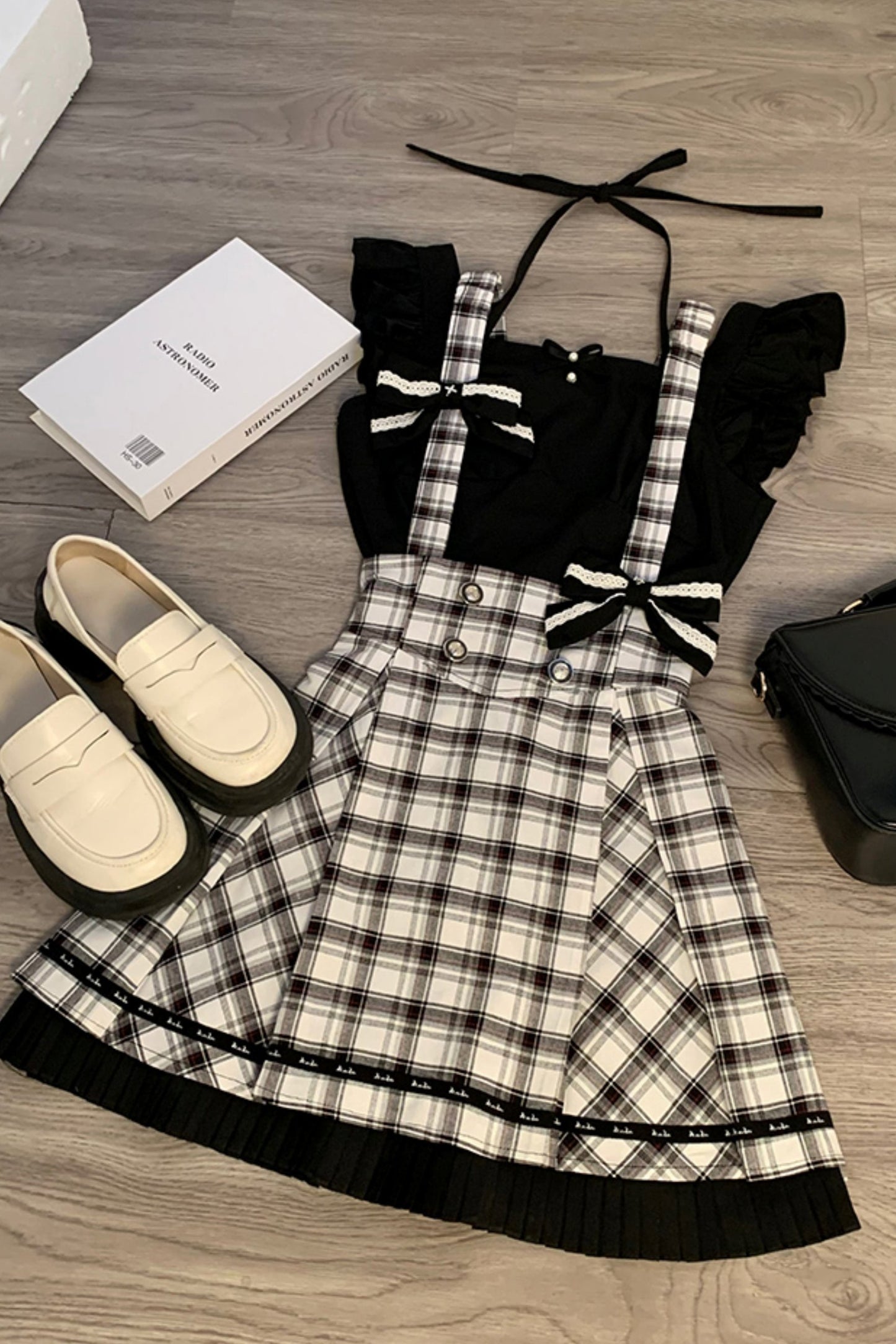 Plaid Vest Black Skirt Set-Up