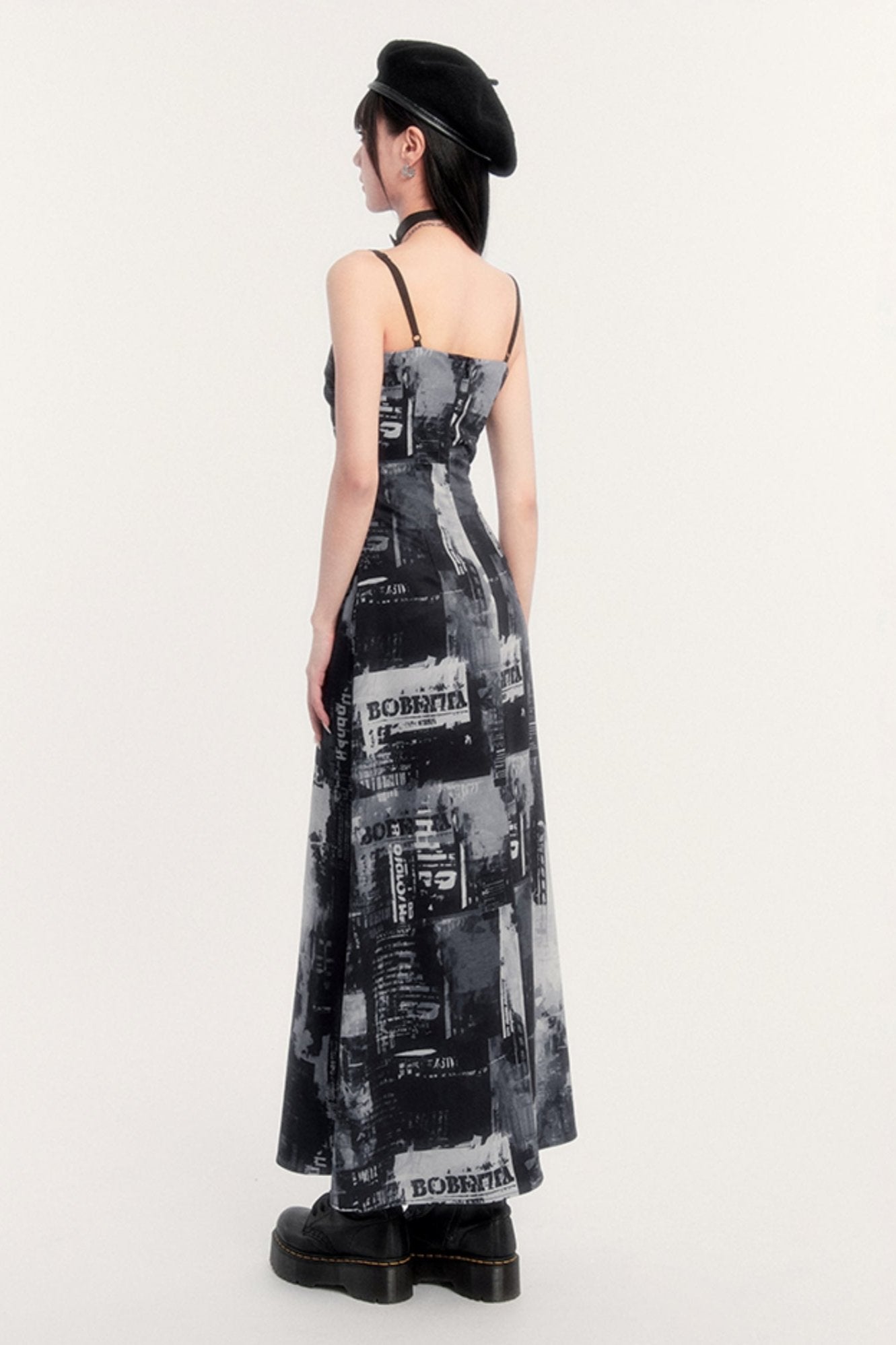 Pictorial print slim long slip dress