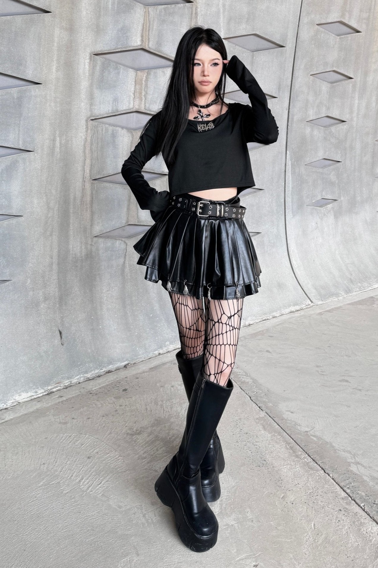 Dark Skull Leather Pleated Skirt