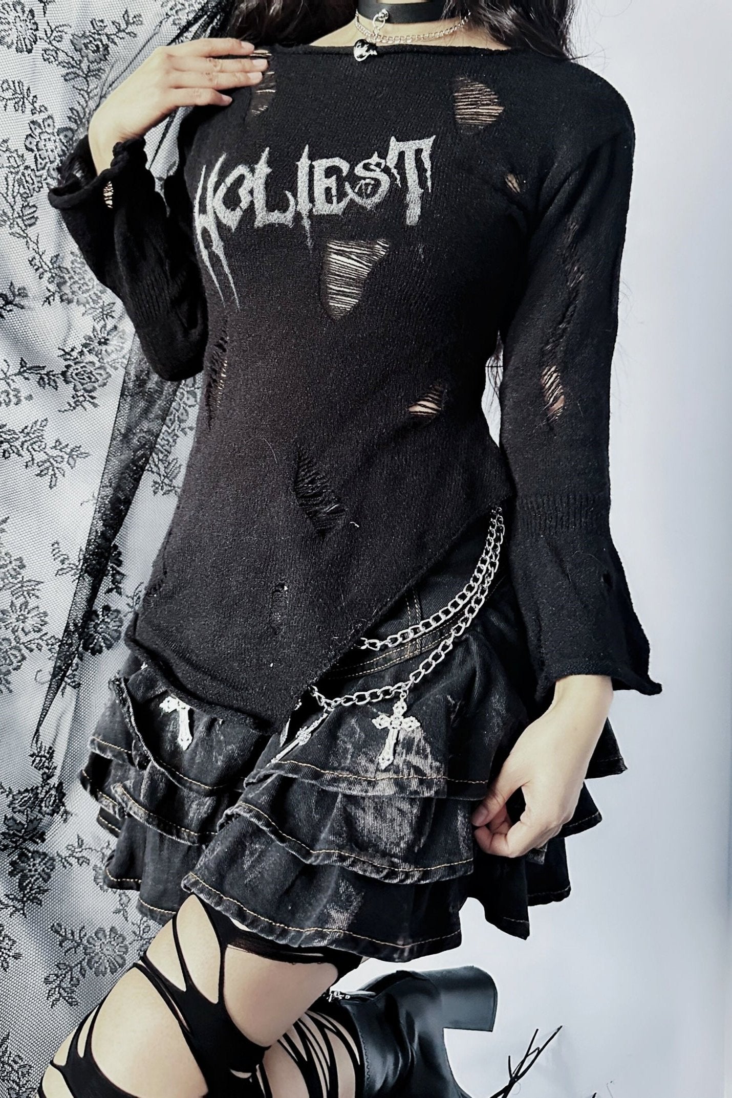 Black Ripped Letter Punk Top