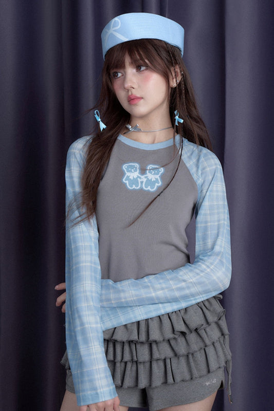 Plaid Raglan Sleeve Bear Top