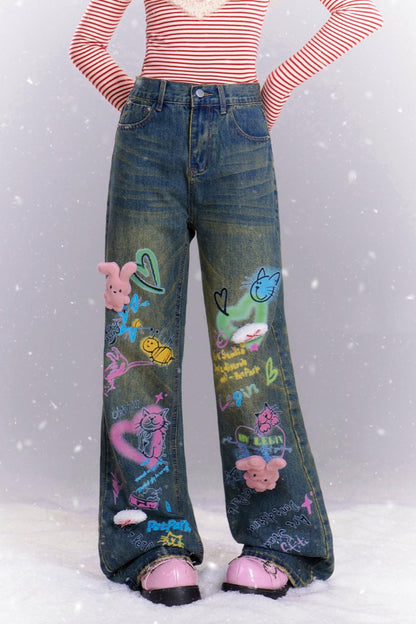 Loose Fit Doll Detail Jeans