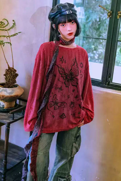 Butterfly Shadow Red Hot Girl Print Top